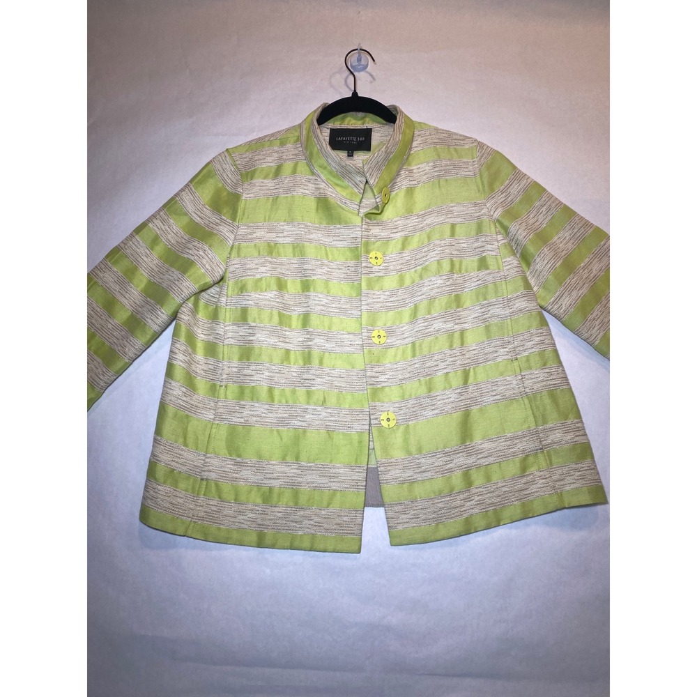 Green Lafayette 148 Jacket Striped Linen Blend Funnel Neck M Womens